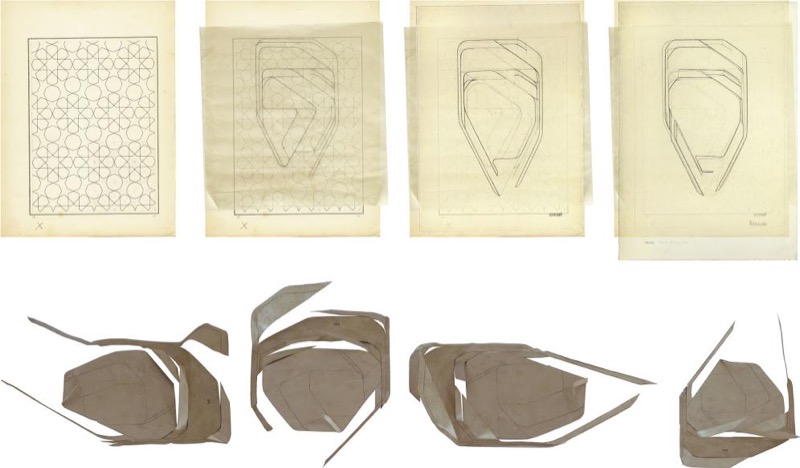 Análisis producido por la superposición de trazado estructurante correspondiente a Bourgoin, 1879, p. 51, con los bocetos y la Maqueta Nº 8 de Pablo Palazuelo para Projet pour un monument.