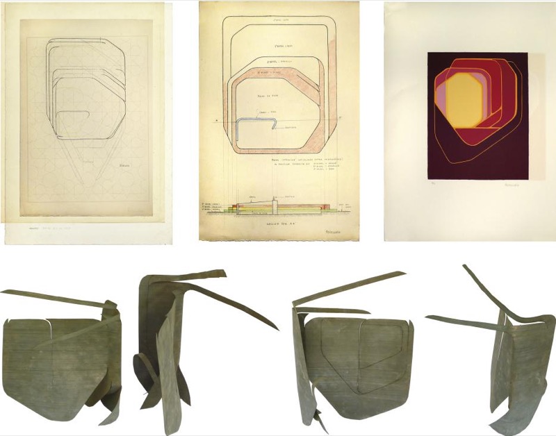 Análisis producido por la superposición de trazado estructurante correspondiente a Bourgoin, 1879, p. 51, con los bocetos de Pablo Palazuelo Monumento II, Lour y maqueta de zinc.