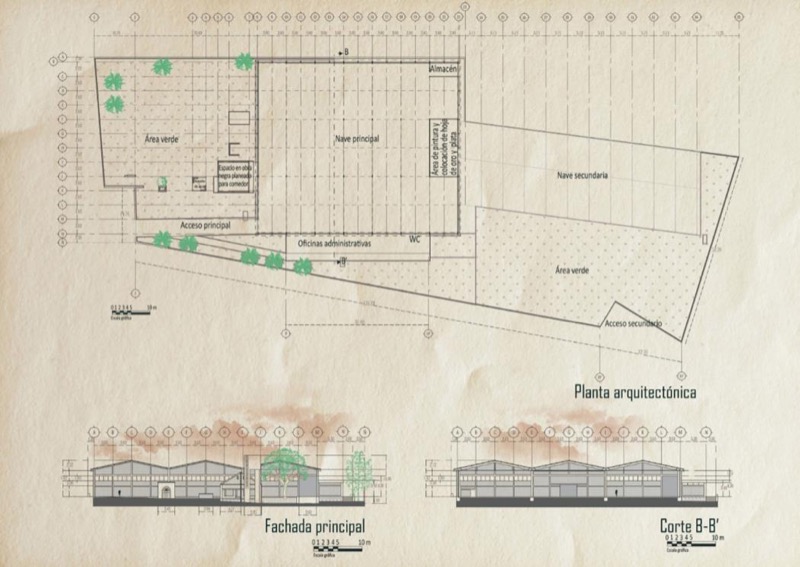 Planta, fachada principal y corte transversal de la fábrica de cuadros y marcos Monte Escobedo