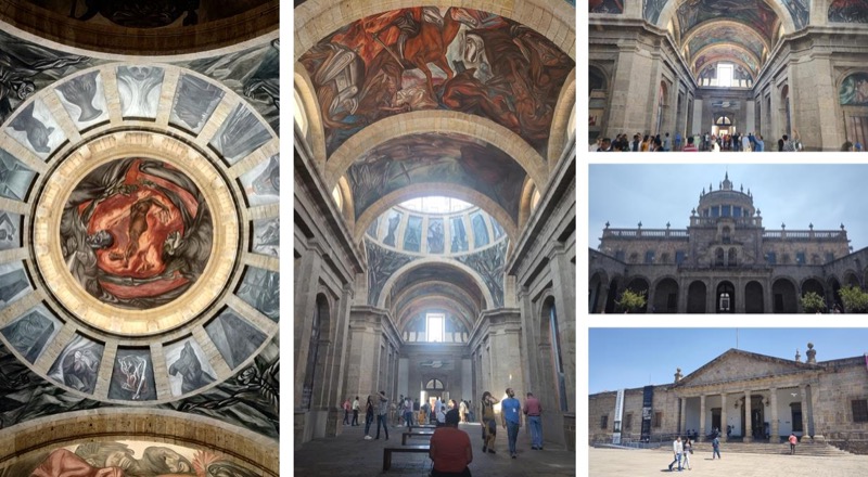 Instituto Cultural Cabañas. Mural El hombre de fuego, frescos al interior de la capilla. Frontispicio de la capilla y fachada del Hospicio. Fuente: Archivo personal de los autores (2023)