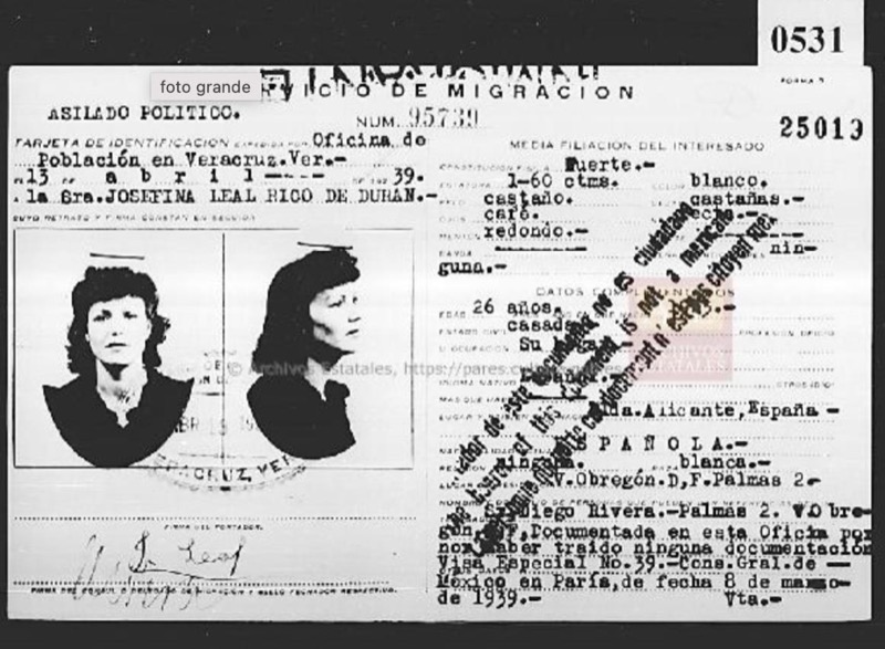 Ficha personal de Josefina Leal Rico, 1939. Ministerio de Cultura (Archivo General de la Administración) Sig. ES.28005.AGA / AGA RIEM 067-113 [Copia digital].