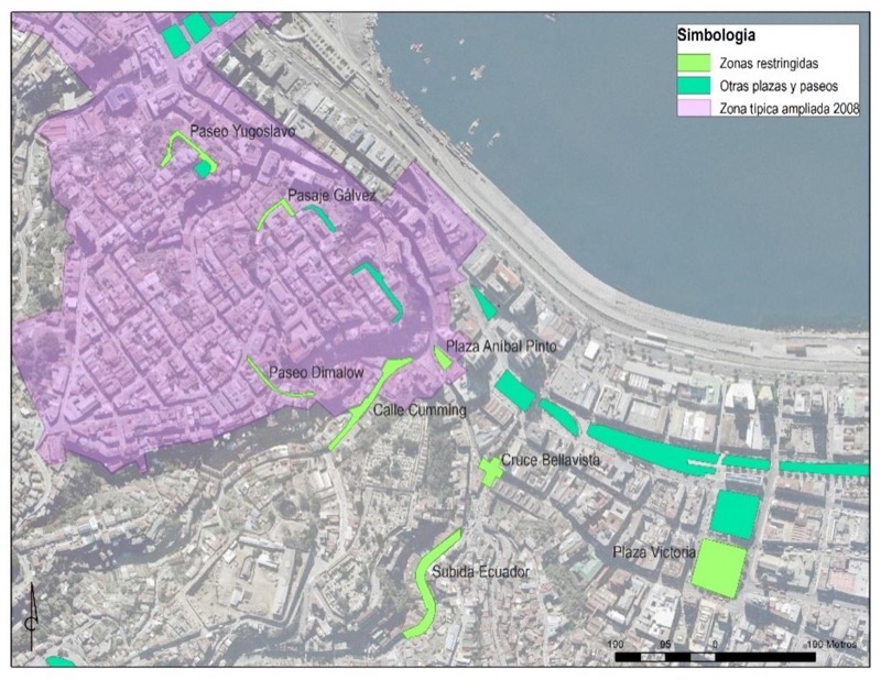 Mapa de zonas restringidas, donde se exige solicitud de permiso para artes callejeras, en relación con la Zona Típica ampliada de Valparaíso