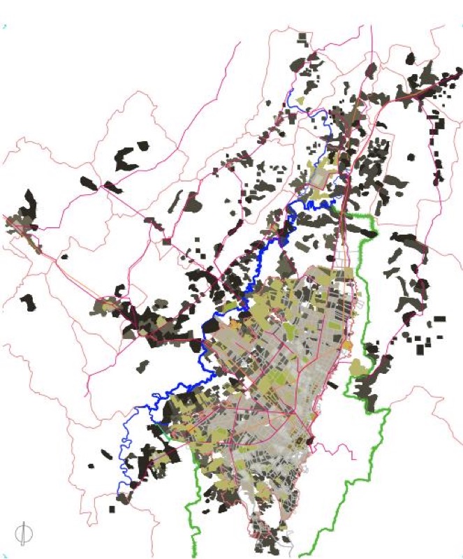 Huella urbana de Bogotá y municipios vecinos en la cuenca media del río Bogotá para el año 2020