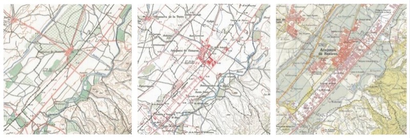 Evolución de Planeamiento Elementos cartográficos sobre mapa topográfico 1965, 1985 y 2003. Fuente: Instituto Geográfico Nacional.