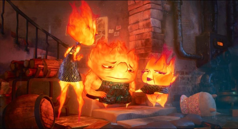 Personajes de distinto elemento relacionándose entre sí. Fuente: Fotograma de la película Elemental (2023)