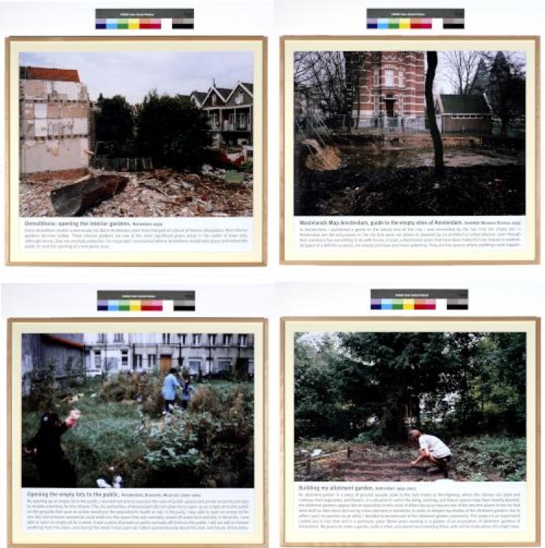 En el sentido de las agujas del reloj: Lara Almarcegui Demolitions: opening the interior gardens, 1999; Wastelands Map Amsterdam, 1999; Opening the empty lots to the public, 2000-2002; Building my allotment garden, 1999-2002.