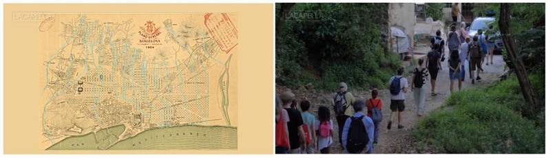 Fotogramas del video de documentación del proyecto Sitesize (Elvira Pujol Masip i Joan Vila Puig) Serps d'aigua. Les rieres ocultes i la construcció simbòlica de Barcelona publicado online por Barcelona Cultura el 13 de octubre de 2020
