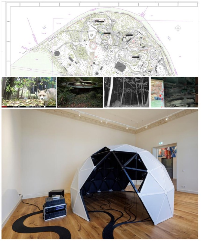 Imagenes del Proyecto Spreepark Multispezies Bau 2024 de Marcus Maeder. Plano de localización de los sensores, imágenes captadas por las cámaras en las diferentes localizaciones, e imagen del domo en la instalación en la exposición Park Einsichten, Spreepark Art Space, <a href=