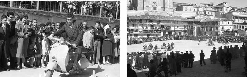 Figura 12. Fotografías de un encuentro de vespas en la plaza Mayor de Chinchón. Autor: Gonzalo Gómez Marcitllach, 1960.