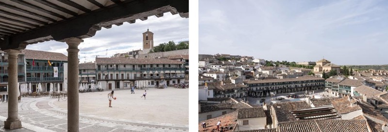 Figura 9. Fotografías de Chinchón. A la izquierda: Plaza Mayor. Plaza porticada. Terrazas. Niños jugando. A la derecha: Vista general tomada desde la Calle de la Iglesia. Autor: Juan Baraja para Misión Región, 2022.