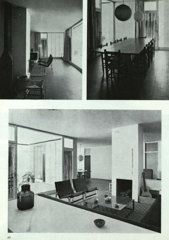 Figura 8. Fotografías de Francesc Català-Roca de la sala de estar y comedor de la casa Uriach, publicadas en: (1965): 'Casa en la Ametlla'. Arquitectura. Madrid, n. 84, p. 42.