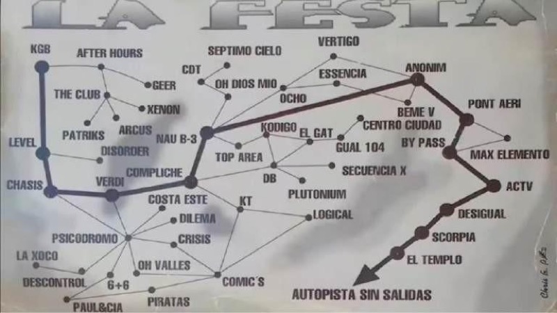 Fig. 4. Fotografías exteriores de algunas de las discotecas de la mákina. De arriba a abajo y de izquierda a derecha: Pont Aeri (Terrassa, 1997), Nau B-3 (Molins de Rei, 1994), Ocho (Cornellà de Llobregat, 1994), Distorsion Bar (L'Hospitalet de Llobregat, 1992), Pont Aeri (Vallgorgina, 2002), Scorpia, Central del Sonido(Ódena, 1993). Collage de elaboración propia a partir de imágenes extraídas de diferentes grupos de redes sociales y blogs especializados.