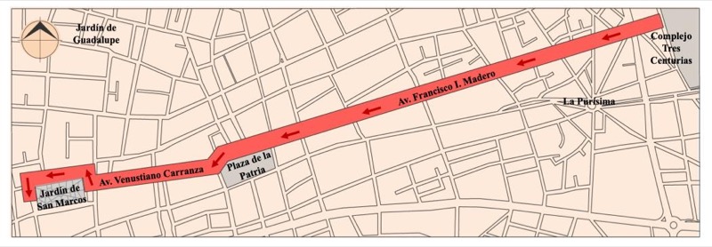 Itinerario en la Av. Carranza. Determina el cómo llega un peatón por la avenida hasta entrar al edificio, subir a la terraza y disfrutar el ambiente del 